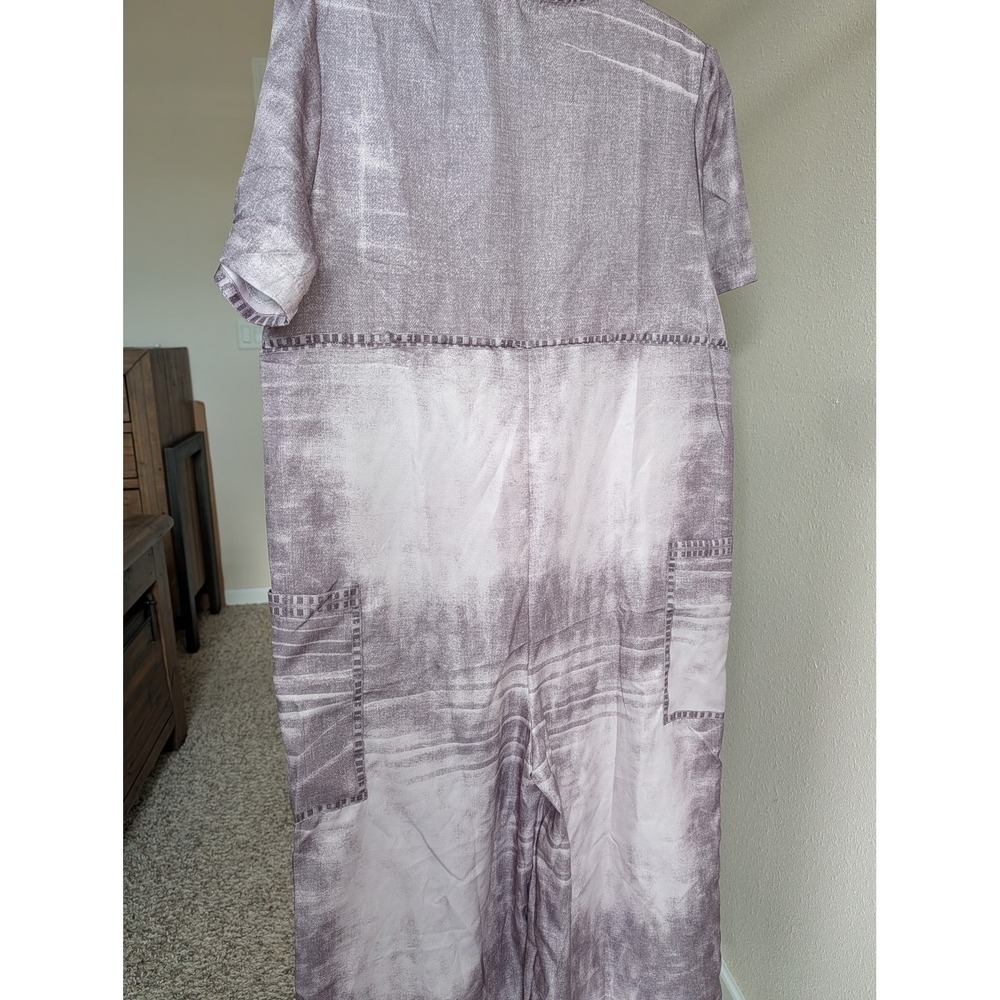 Purple Faux Denim Print Tie Front Wide Leg Short Sleeve Jumpsuit Romper
